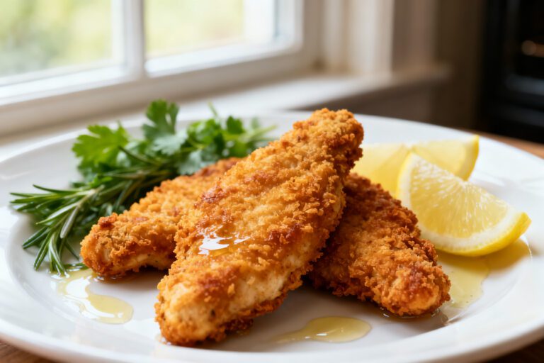 Air fryer gluten free chicken tenders with a crispy golden coating, juicy tender chicken, fresh rosemary, parsley, lemon wedges, and a light drizzle of olive oil, served as an easy gluten free dinner.