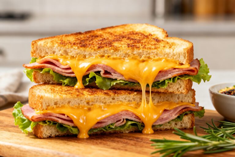 Air fryer hot ham and cheese sandwich with crispy golden toasted bread, savory sliced ham, gooey melted cheddar cheese, fresh lettuce, and steam rising, served as a warm comfort food meal.