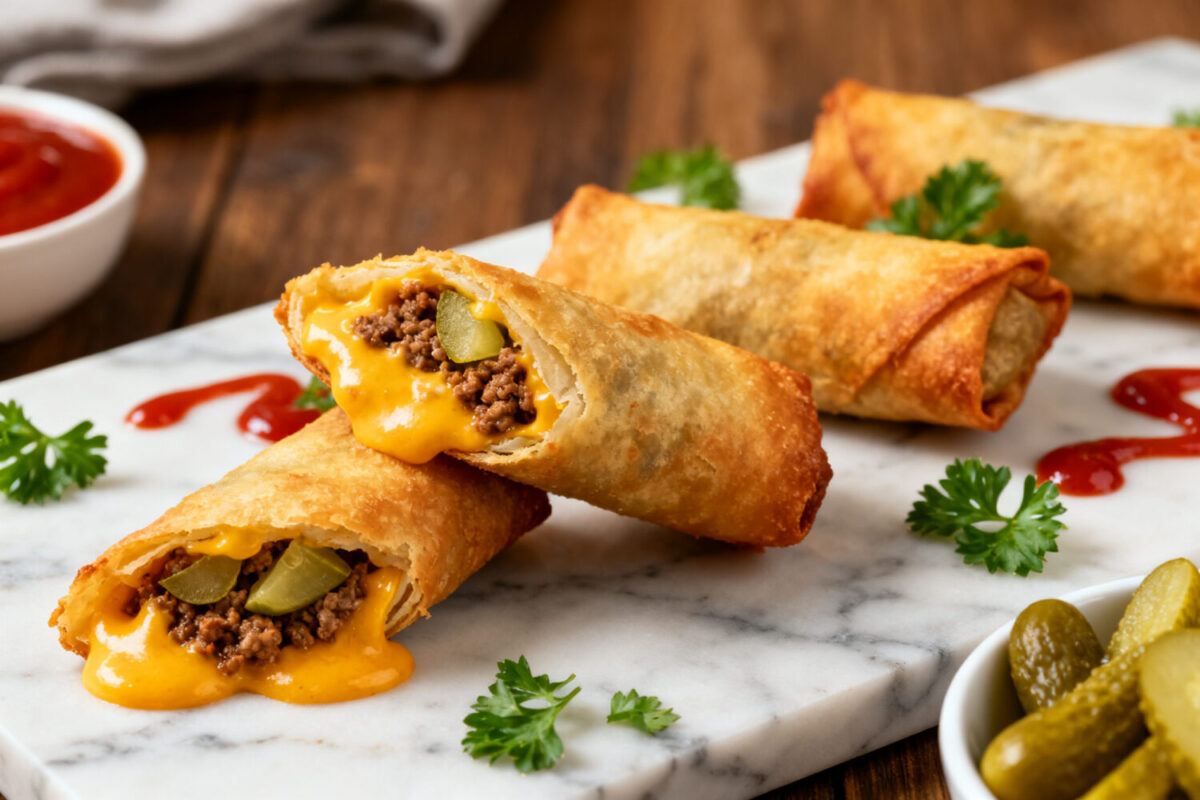 Air fryer cheeseburger egg rolls with crispy golden wrappers, seasoned ground beef, melted cheddar cheese, diced pickles, and ketchup, served as an easy appetizer or game day snack.
