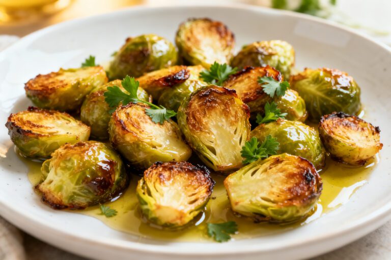 Best air fryer Brussels sprouts with crispy caramelized Brussels sprouts, golden browned edges, fresh parsley, and olive oil, served as a flavorful healthy vegetable side dish.