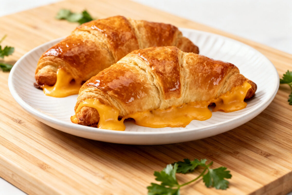 Air fryer crescent roll hot dogs with flaky buttery crescent rolls wrapped around juicy hot dogs, gooey melted cheddar cheese, and golden baked pastry, served as an easy family friendly meal.