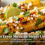 Air fryer Mexican street corn with charred corn on the cob, creamy cotija cheese, chili seasoning, fresh cilantro, and lime wedges, served as a classic Mexican inspired side dish.
