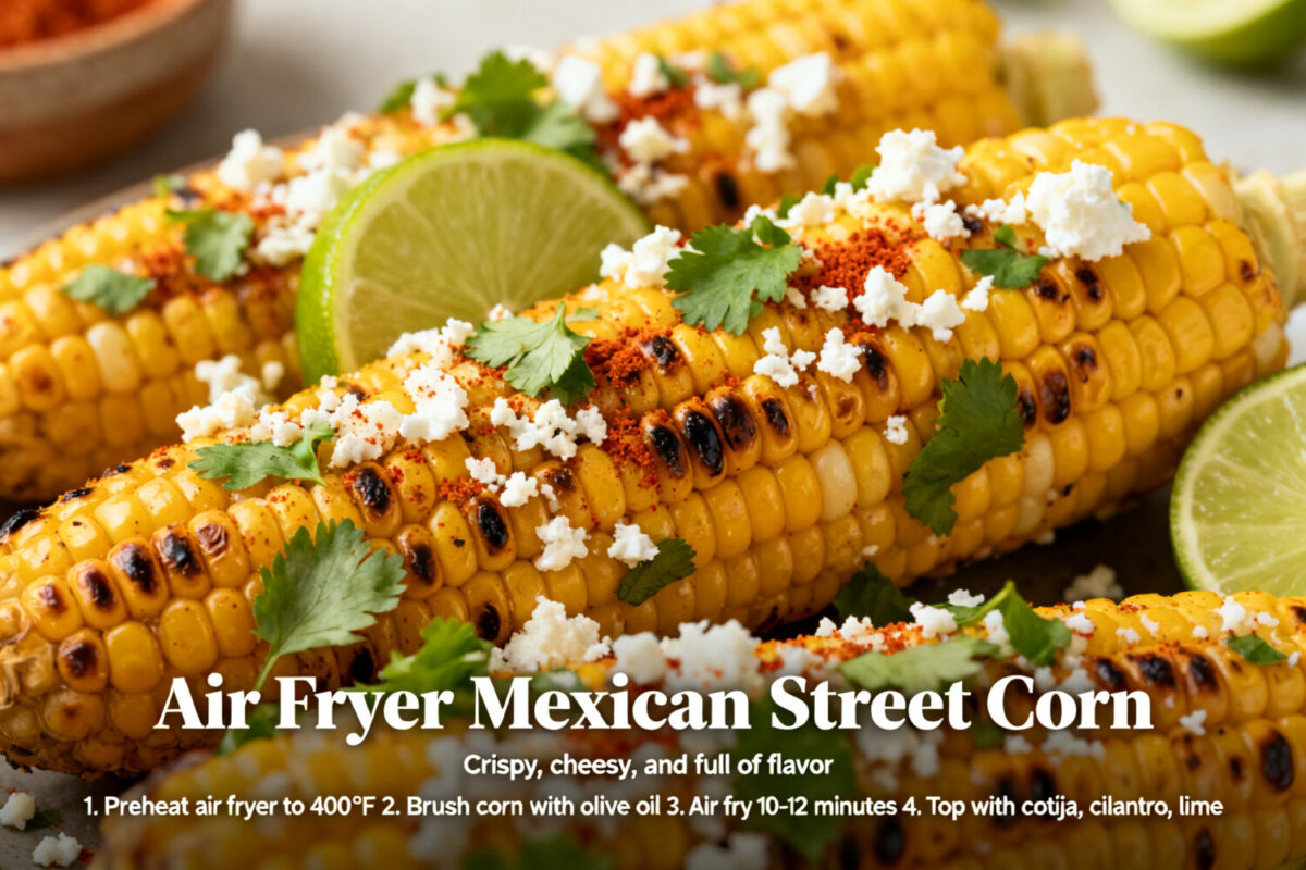 Air fryer Mexican street corn with charred corn on the cob, creamy cotija cheese, chili seasoning, fresh cilantro, and lime wedges, served as a classic Mexican inspired side dish.