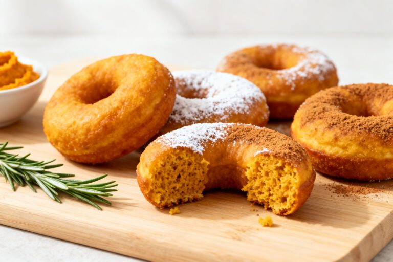 Air fryer pumpkin donuts with a soft fluffy pumpkin spice interior, golden exterior, powdered sugar, cinnamon, and warm fall flavors, served as a cozy homemade autumn dessert.