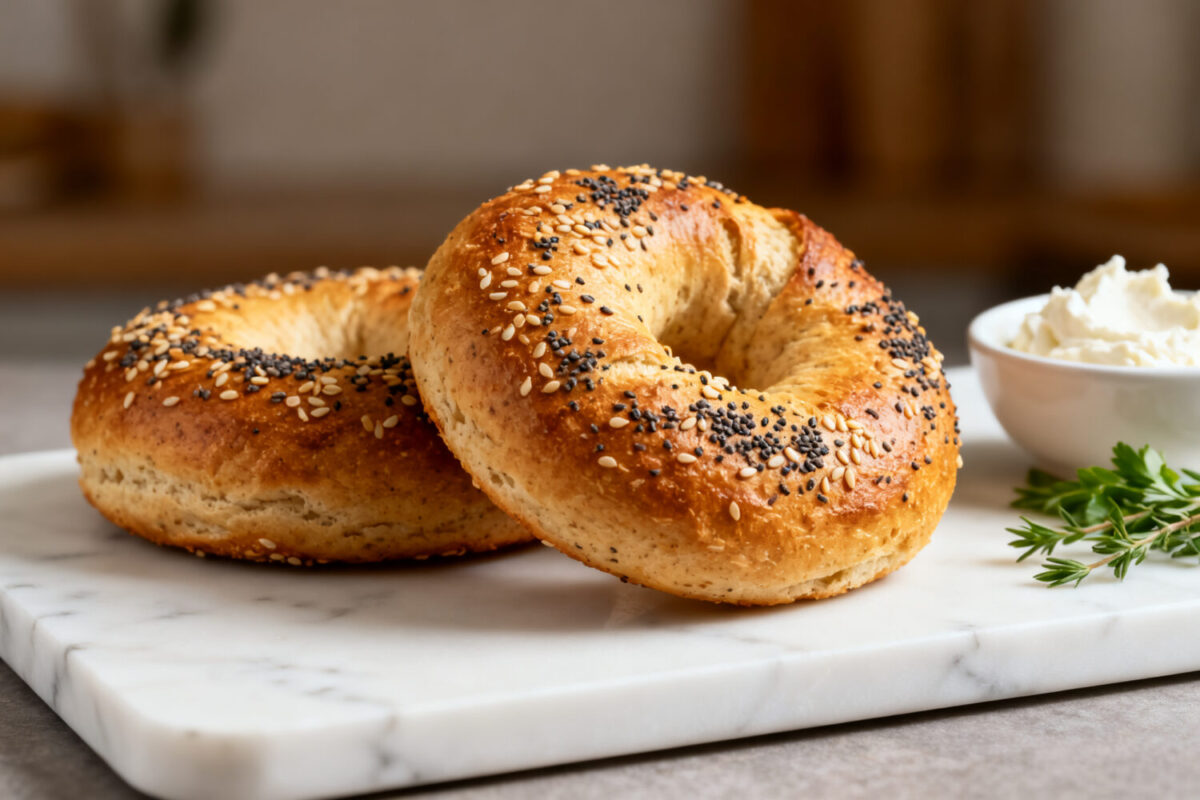 Air fryer gluten free bagels with a golden chewy crust, everything bagel seasoning, soft fluffy interior, and cream cheese, served as an easy homemade gluten free breakfast.