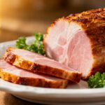 Air fryer ham slices with juicy glazed ham, caramelized golden edges, tender sliced ham, and fresh parsley, served as an easy holiday main dish or family dinner.