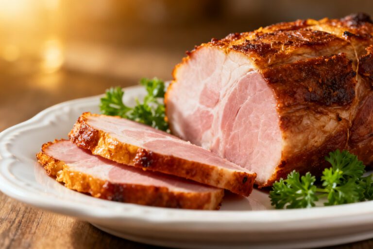 Air fryer ham slices with juicy glazed ham, caramelized golden edges, tender sliced ham, and fresh parsley, served as an easy holiday main dish or family dinner.
