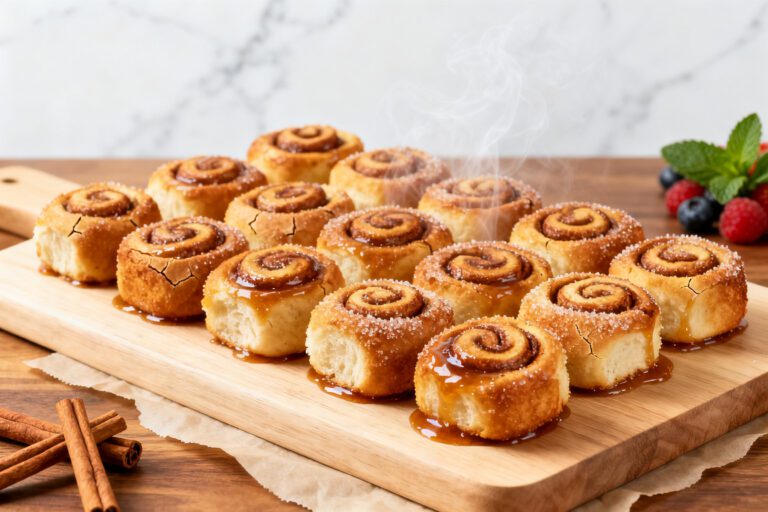 Air fryer cinnamon roll bites with soft fluffy cinnamon rolls, sweet cinnamon sugar filling, warm icing glaze, and steam rising, served as an easy breakfast or dessert.