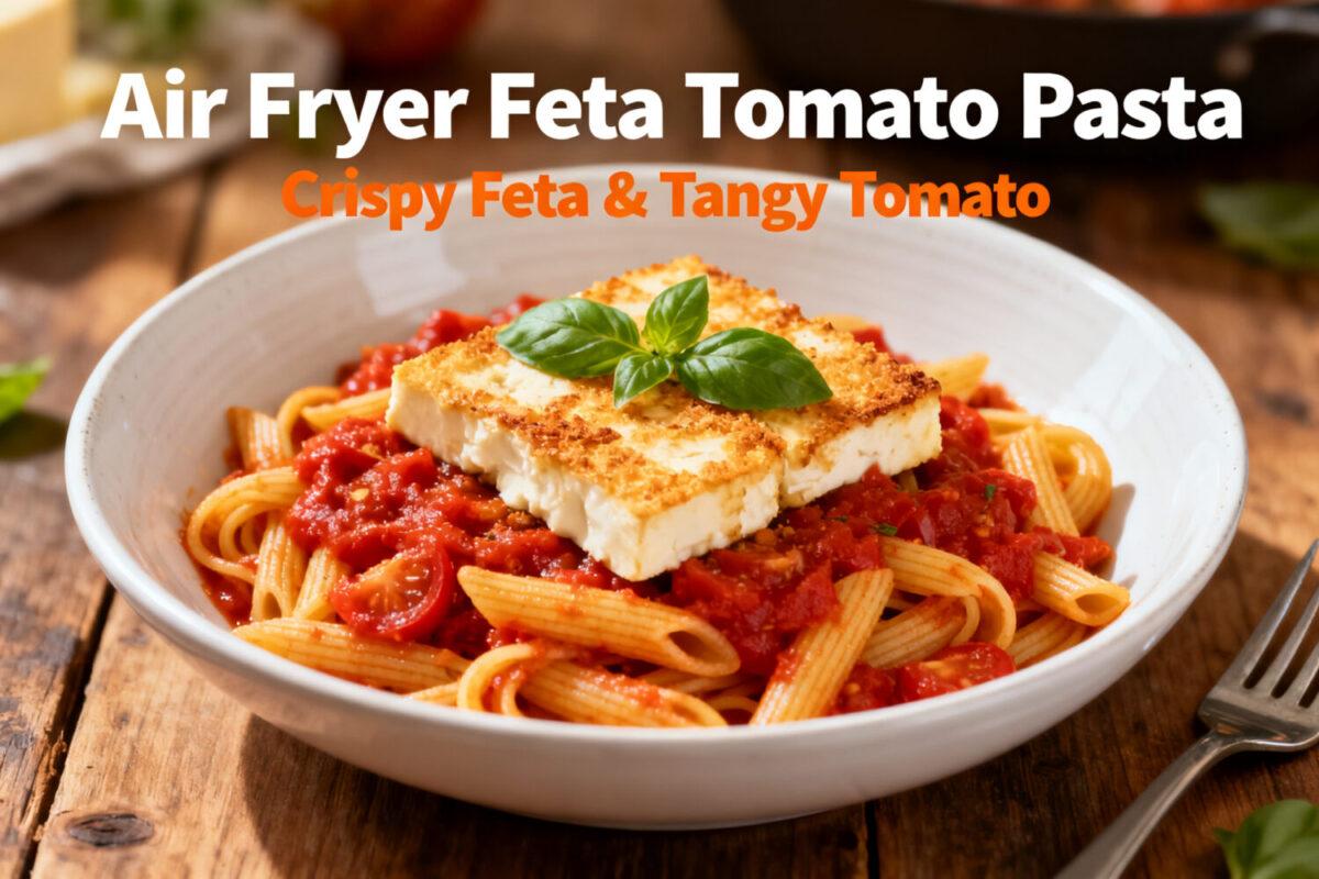 Air fryer feta tomato pasta with creamy baked feta cheese, roasted cherry tomato sauce, penne pasta, and fresh basil, served as an easy comforting weeknight dinner.