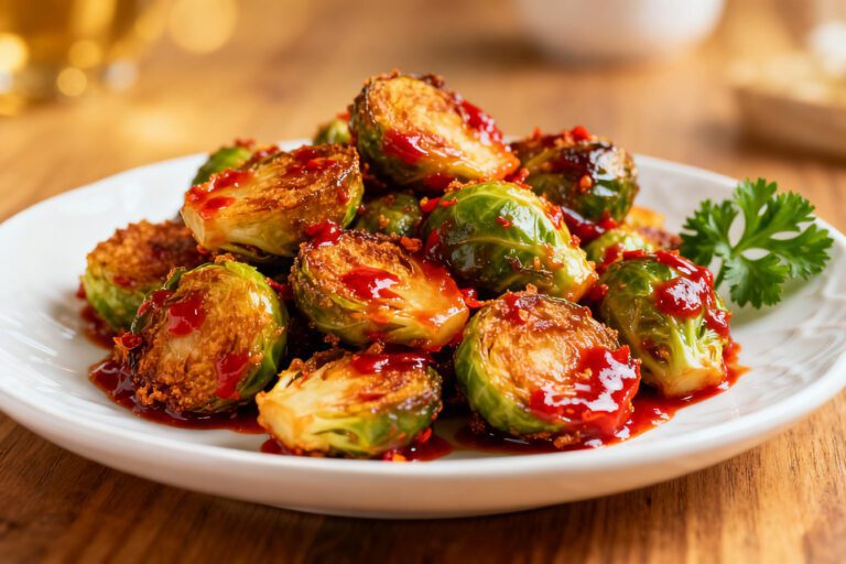 Air fryer sweet chili Brussels sprouts with crispy caramelized Brussels sprouts coated in a glossy sweet chili glaze, served as a flavorful spicy vegetable side dish with fresh parsley.