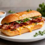 Air fryer bacon hot dog with a juicy hot dog wrapped in crispy bacon, gooey melted cheddar cheese, fresh lettuce, and a toasted bun, served as an easy comfort food meal.