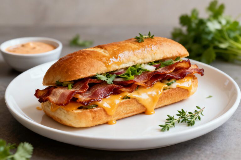 Air fryer bacon hot dog with a juicy hot dog wrapped in crispy bacon, gooey melted cheddar cheese, fresh lettuce, and a toasted bun, served as an easy comfort food meal.
