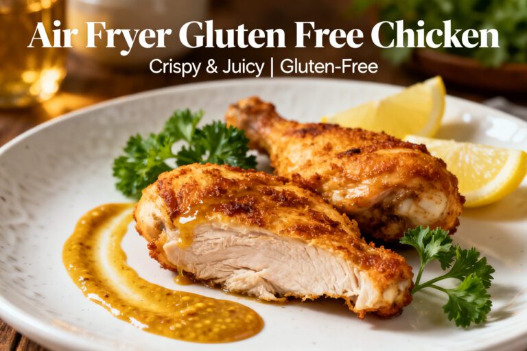 Air fryer gluten free chicken with juicy seasoned chicken breast, a crispy golden gluten free coating, fresh parsley, lemon wedges, and savory pan sauce, served as an easy high protein dinner.