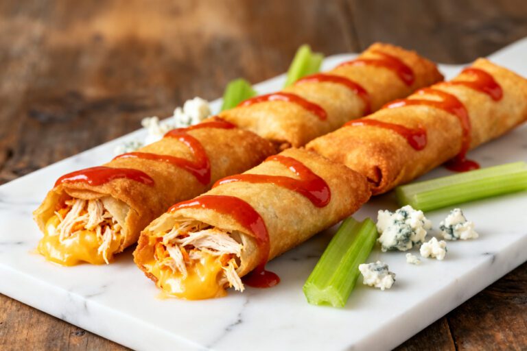 Air fryer buffalo chicken egg rolls with crispy golden wrappers, shredded buffalo chicken, melted cheddar cheese, buffalo sauce drizzle, celery sticks, and blue cheese crumbles, served as a spicy appetizer.