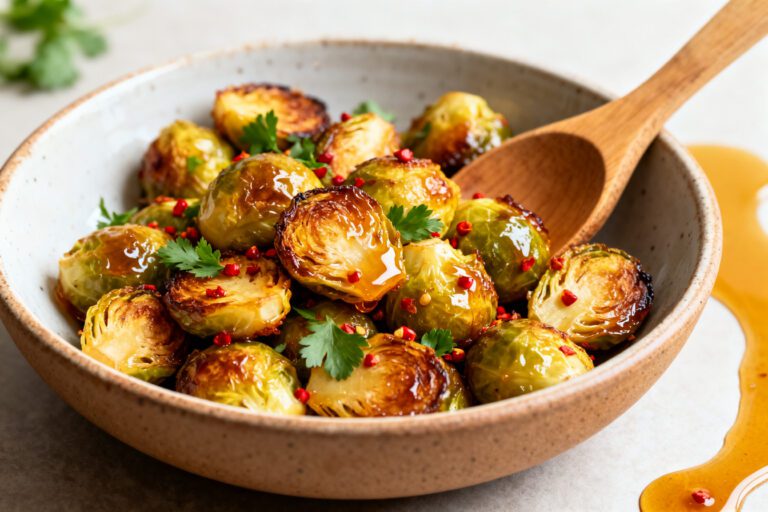 Air fryer hot honey Brussels sprouts with crispy caramelized Brussels sprouts coated in a glossy hot honey glaze, topped with red pepper flakes and fresh cilantro, served as a sweet and spicy vegetable side dish.