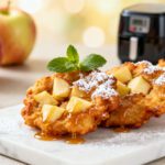 Air fryer gluten free apple fritters with crispy golden edges, tender apple pieces, powdered sugar, caramel drizzle, and fresh mint, served as a cozy homemade gluten free dessert.