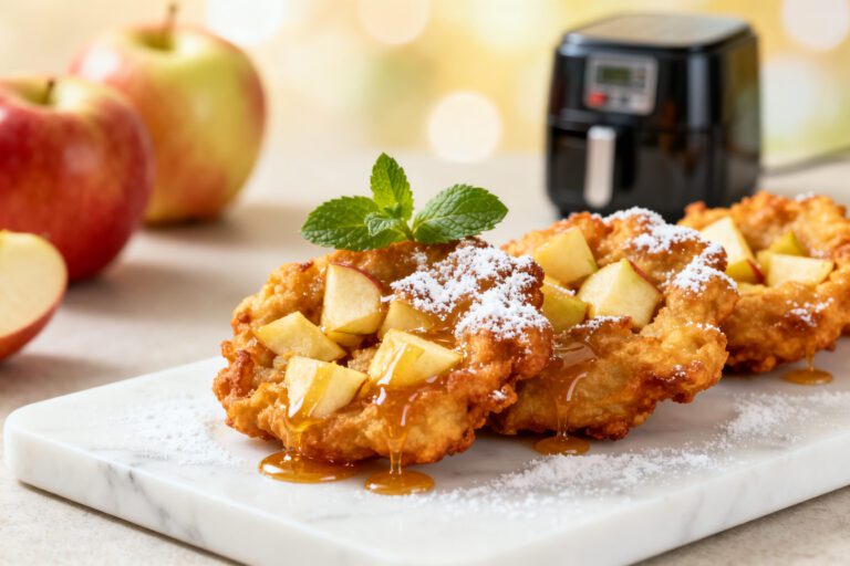 Air fryer gluten free apple fritters with crispy golden edges, tender apple pieces, powdered sugar, caramel drizzle, and fresh mint, served as a cozy homemade gluten free dessert.