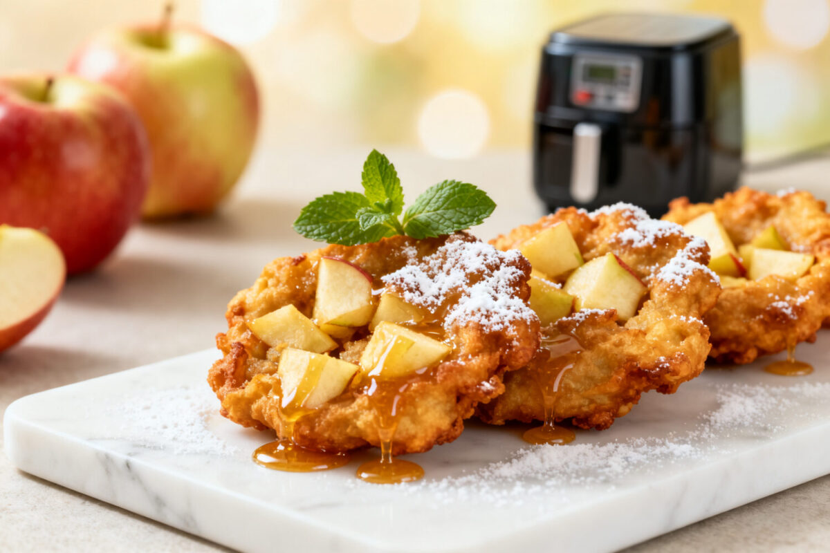 Air fryer gluten free apple fritters with crispy golden edges, tender apple pieces, powdered sugar, caramel drizzle, and fresh mint, served as a cozy homemade gluten free dessert.