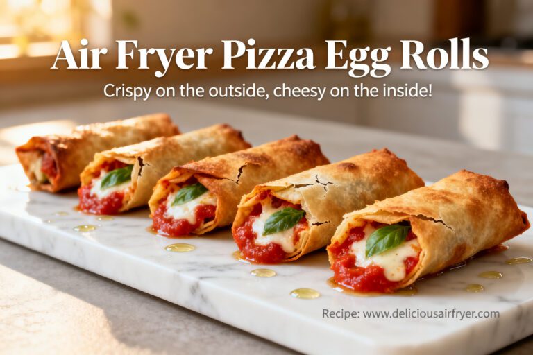 Air fryer pizza egg rolls with crispy golden wrappers, gooey melted mozzarella cheese, pepperoni, pizza sauce, and fresh basil, served as an easy cheesy appetizer.