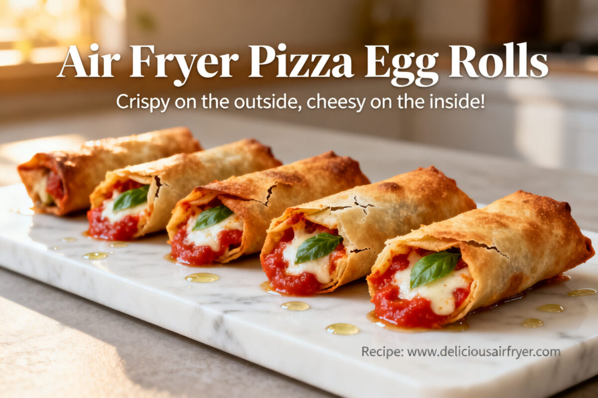 Air fryer pizza egg rolls with crispy golden wrappers, gooey melted mozzarella cheese, pepperoni, pizza sauce, and fresh basil, served as an easy cheesy appetizer.