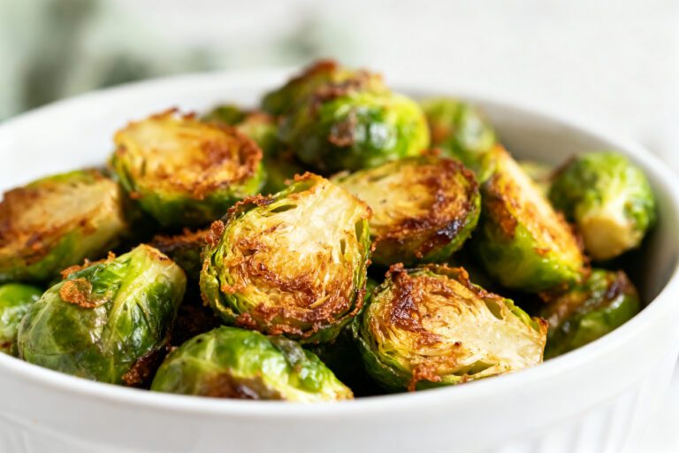 Air fryer smashed Brussels sprouts with crispy caramelized edges, tender centers, golden roasted surfaces, and savory garlic flavor, served as an easy healthy vegetable side dish.