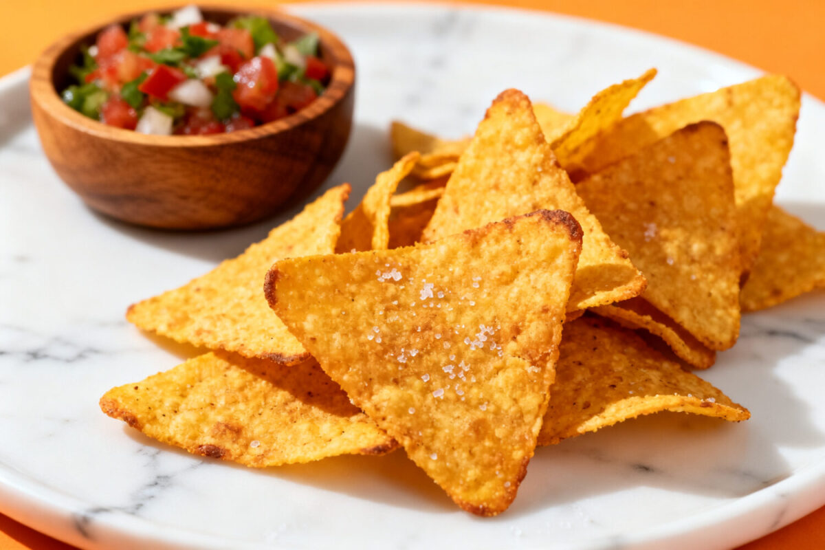 Air fryer corn chips with crispy golden tortilla chips, lightly seasoned with sea salt, served with fresh salsa as an easy homemade snack or party appetizer.
