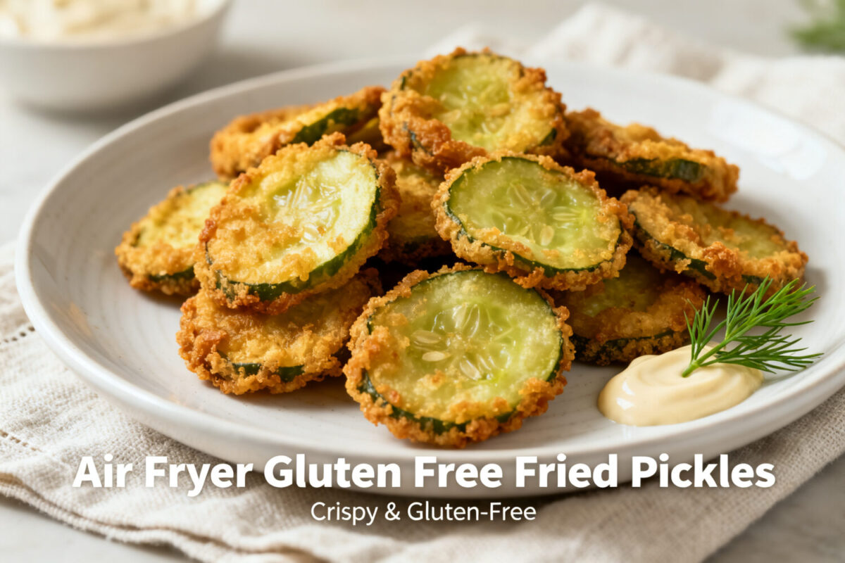 Air fryer gluten free fried pickles with crispy golden breading, tangy pickle slices, fresh dill, and a creamy dipping sauce, served as an easy gluten free appetizer.