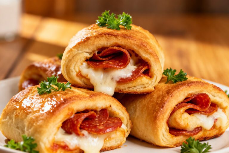 Air fryer pepperoni rolls with crispy golden dough, gooey melted mozzarella cheese, savory pepperoni slices, and fresh parsley, served as an easy cheesy snack or appetizer.