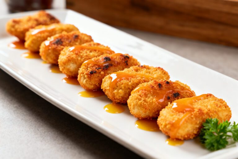 Air fryer gluten free chicken nuggets with crispy golden breading, juicy tender chicken, and a sweet dipping sauce, served as an easy gluten free appetizer or family meal.