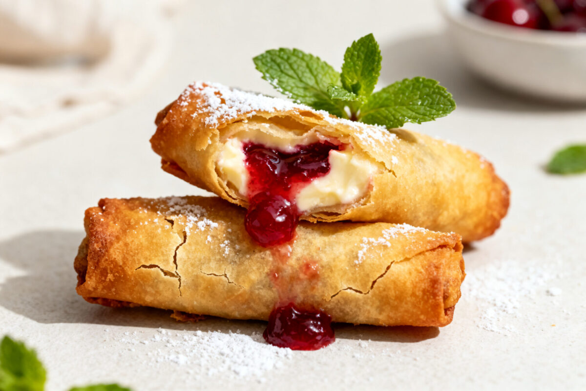 Air fryer cherry cheesecake egg rolls with crispy golden wrappers, creamy cheesecake filling, sweet cherry topping, powdered sugar, and fresh mint, served as an easy homemade dessert.