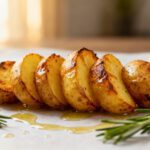 Healthy air fryer potatoes with crispy golden roasted potato wedges, fluffy tender centers, rosemary, olive oil, and fresh lemon wedges, served as a simple healthy side dish.