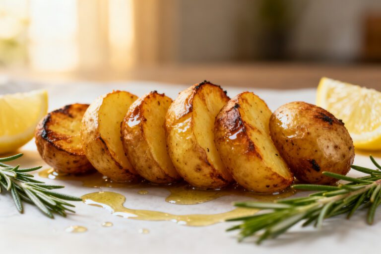 Healthy air fryer potatoes with crispy golden roasted potato wedges, fluffy tender centers, rosemary, olive oil, and fresh lemon wedges, served as a simple healthy side dish.