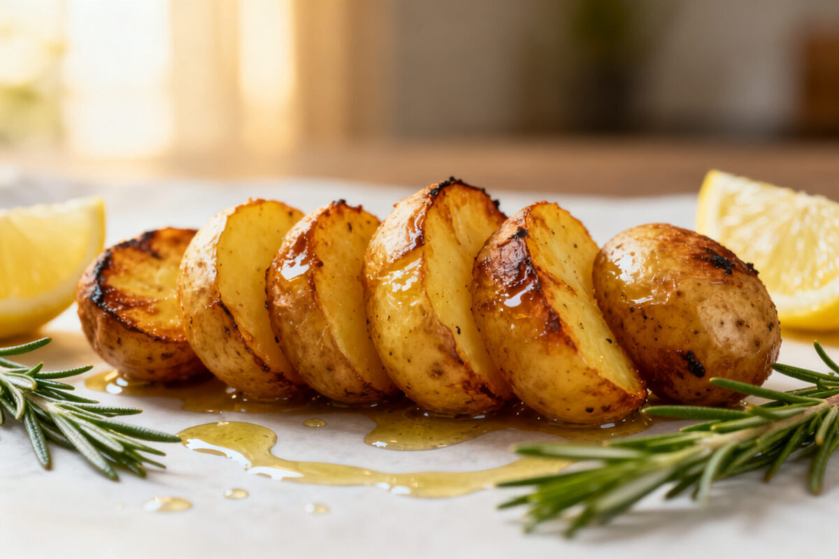 Healthy air fryer potatoes with crispy golden roasted potato wedges, fluffy tender centers, rosemary, olive oil, and fresh lemon wedges, served as a simple healthy side dish.
