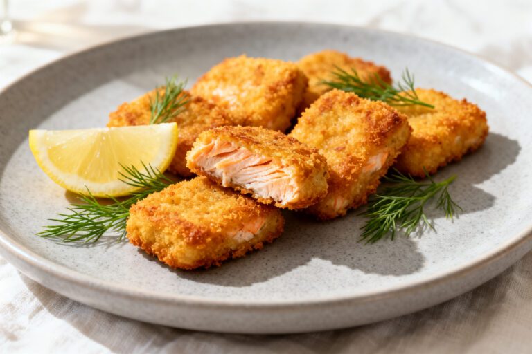 Air fryer salmon nuggets with crispy golden breading, tender flaky salmon, fresh dill, and lemon wedges, served as an easy high protein seafood meal.