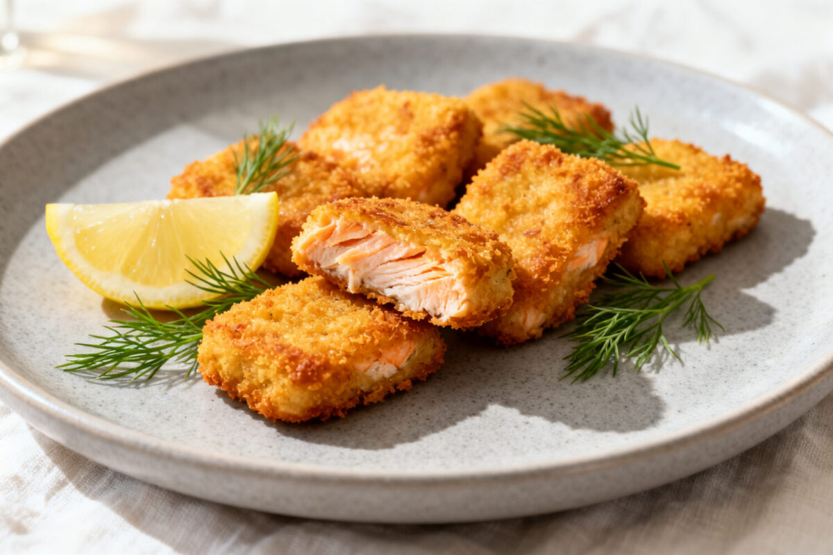 Air fryer salmon nuggets with crispy golden breading, tender flaky salmon, fresh dill, and lemon wedges, served as an easy high protein seafood meal.