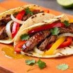 Air fryer beef fajitas with juicy seasoned steak, roasted bell peppers, sweet onions, warm flour tortillas, fresh cilantro, and lime wedges, served as an easy Tex Mex dinner.
