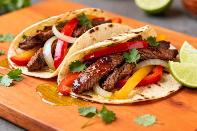 Air fryer beef fajitas with juicy seasoned steak, roasted bell peppers, sweet onions, warm flour tortillas, fresh cilantro, and lime wedges, served as an easy Tex Mex dinner.