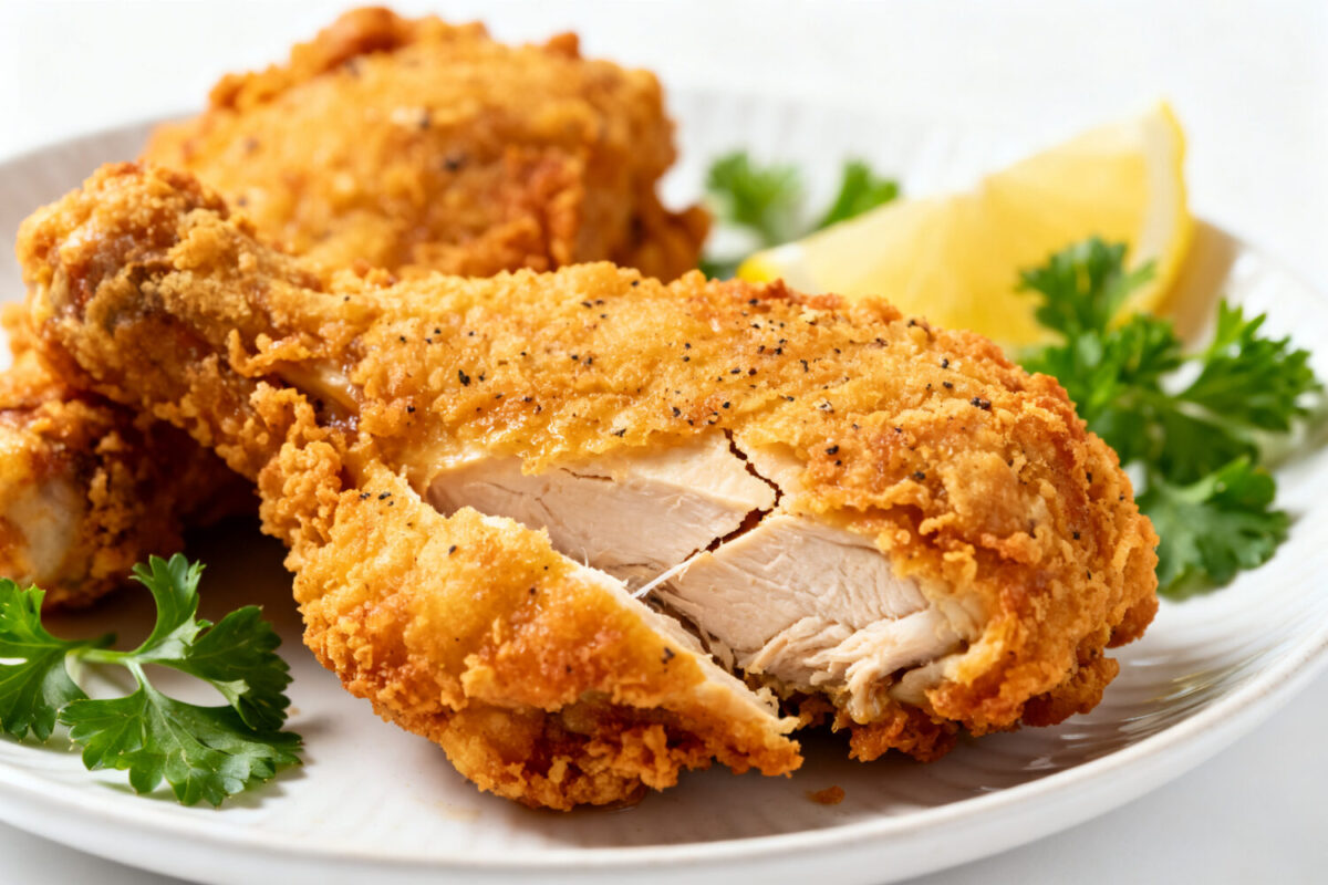 Air fryer buttermilk fried chicken with a crispy golden seasoned coating, juicy tender chicken, fresh parsley, and lemon wedges, served as a comforting homemade dinner.