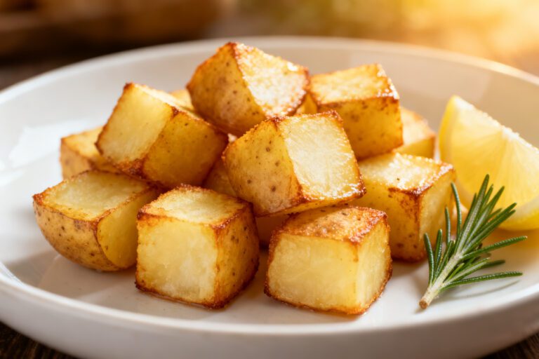 Air fryer potato cubes with crispy golden roasted potatoes, fluffy tender centers, fresh rosemary, and lemon wedges, served as an easy comforting side dish.