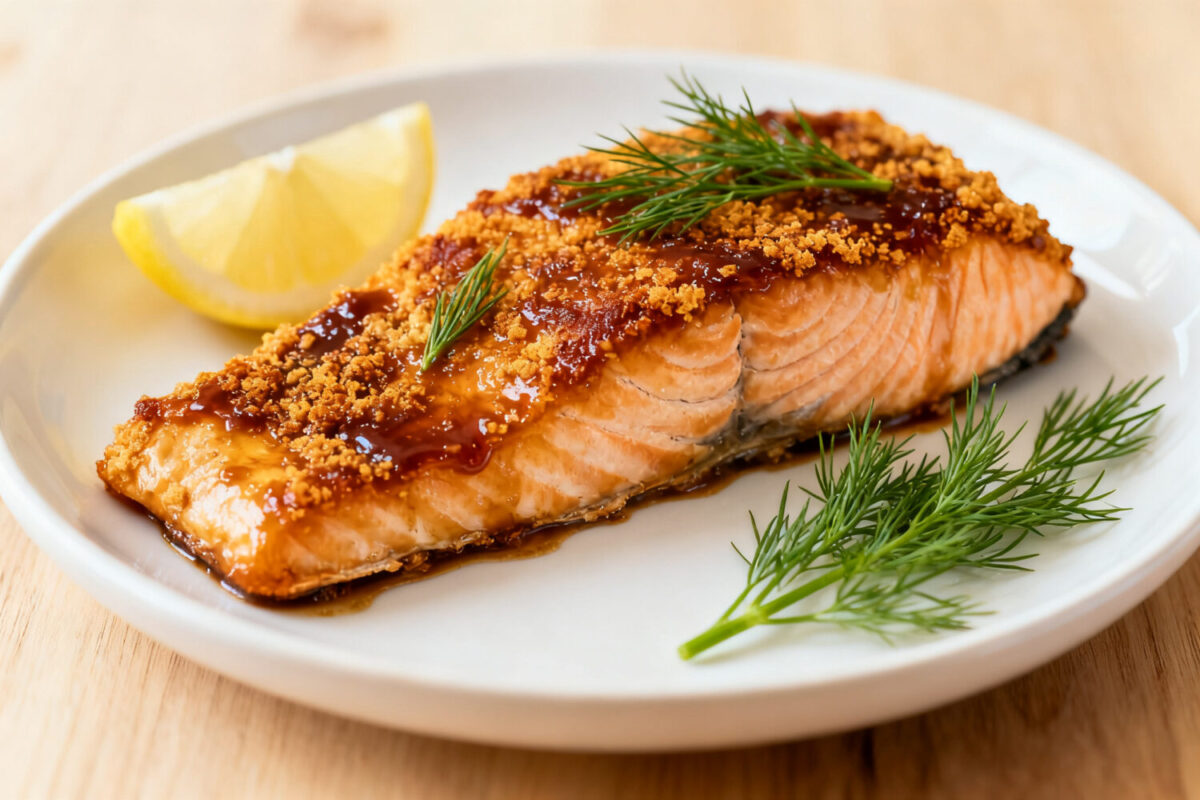 Air fryer brown sugar salmon with flaky salmon fillet, caramelized brown sugar glaze, fresh dill, and lemon wedges, served as a sweet and savory seafood dinner.