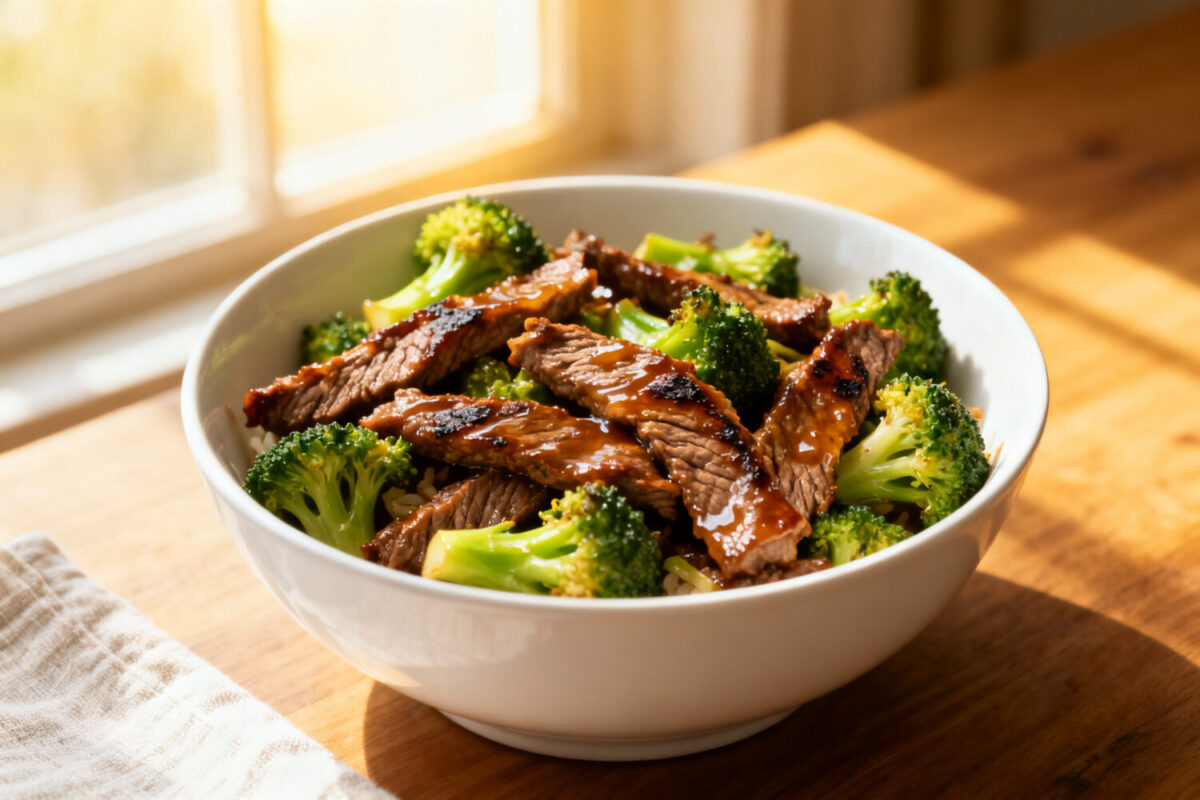 Air fryer beef and broccoli with tender sliced beef, roasted broccoli florets, savory glossy sauce, and sesame seeds, served as an easy high protein weeknight dinner.