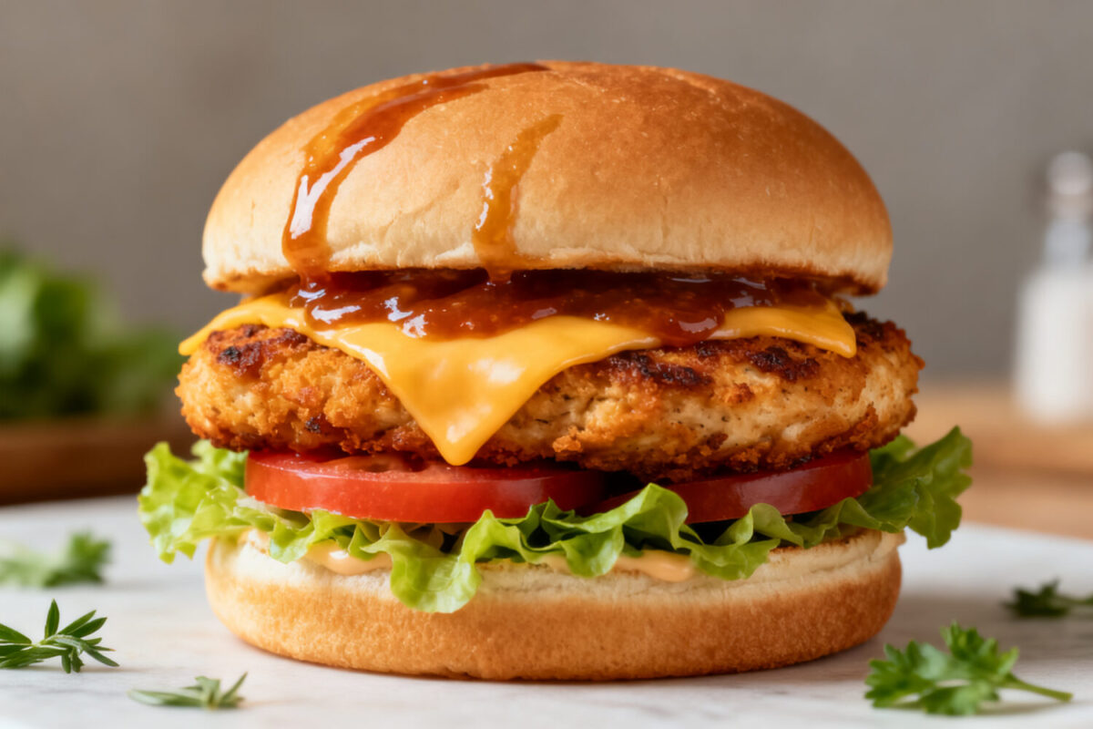 Air fryer chicken burger with a juicy crispy chicken patty, melted cheddar cheese, fresh lettuce, tomato slices, and barbecue sauce on a toasted bun, served as an easy homemade burger.
