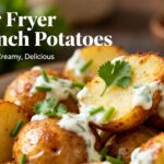Air fryer ranch potatoes with crispy golden roasted baby potatoes, creamy ranch dressing, fresh chives, and parsley, served as an easy flavorful side dish.
