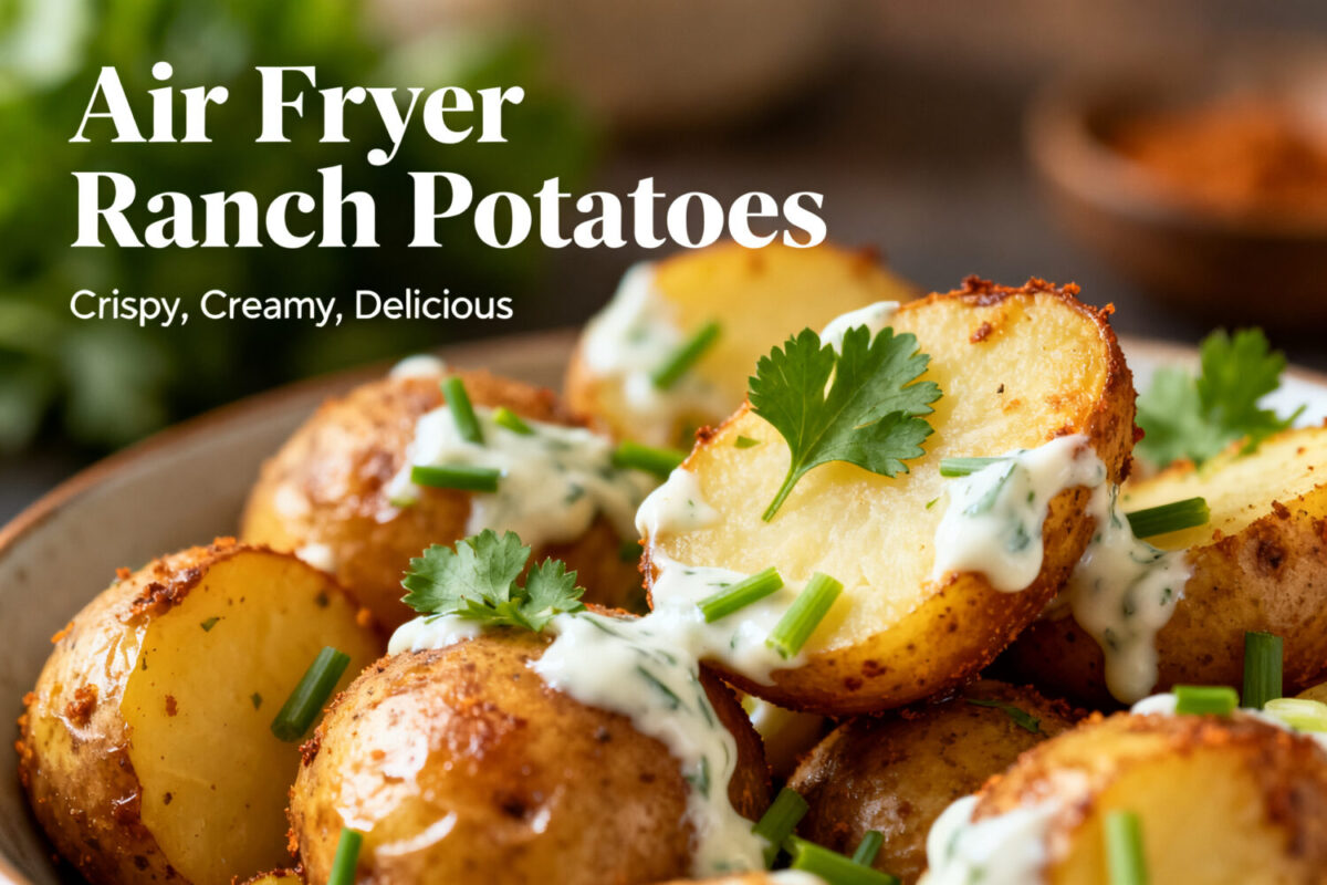 Air fryer ranch potatoes with crispy golden roasted baby potatoes, creamy ranch dressing, fresh chives, and parsley, served as an easy flavorful side dish.