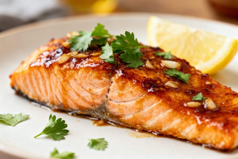 Air fryer honey garlic salmon with flaky tender salmon, a glossy honey garlic glaze, minced garlic, fresh parsley, and lemon wedges, served as an easy weeknight seafood dinner.