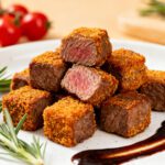 Air fryer beef cubes with juicy bite sized steak pieces, a crispy seasoned crust, tender medium rare center, fresh rosemary, and dipping sauce, served as an easy high protein dinner.