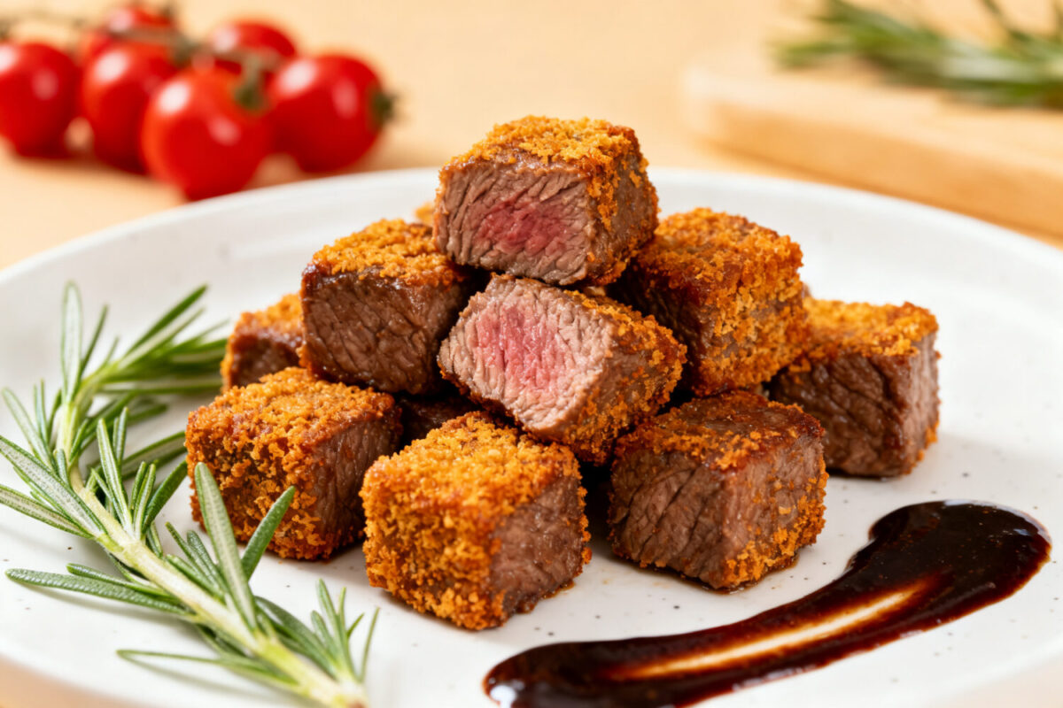 Air fryer beef cubes with juicy bite sized steak pieces, a crispy seasoned crust, tender medium rare center, fresh rosemary, and dipping sauce, served as an easy high protein dinner.
