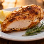 Air fryer marinated chicken breast with juicy tender chicken, caramelized seasoned exterior, fresh rosemary, and lemon wedges, served as an easy high protein dinner.