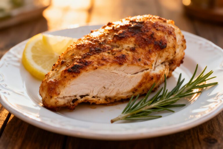 Air fryer marinated chicken breast with juicy tender chicken, caramelized seasoned exterior, fresh rosemary, and lemon wedges, served as an easy high protein dinner.