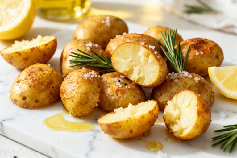 Best air fryer potatoes with crispy golden roasted baby potatoes, fluffy tender centers, coarse sea salt, fresh rosemary, olive oil, and lemon wedges, served as an easy side dish.